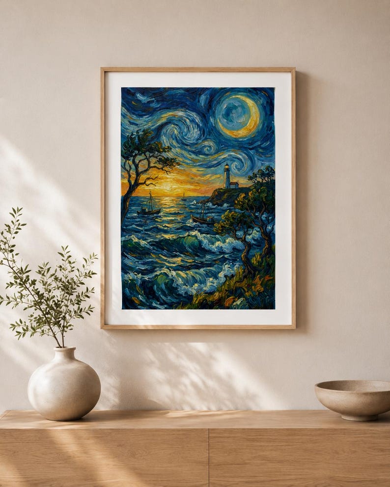 Op de afbeelding: Een ingelijste kunstdruk die een nachtelijke kustsc&egrave;ne weergeeft. Het kunstwerk toont een vuurtoren, boten en kolkende golven onder een sterrenhemel en een halve maan. Het kleurenpalet omvat blauw, geel en groen, met een houten lijst.