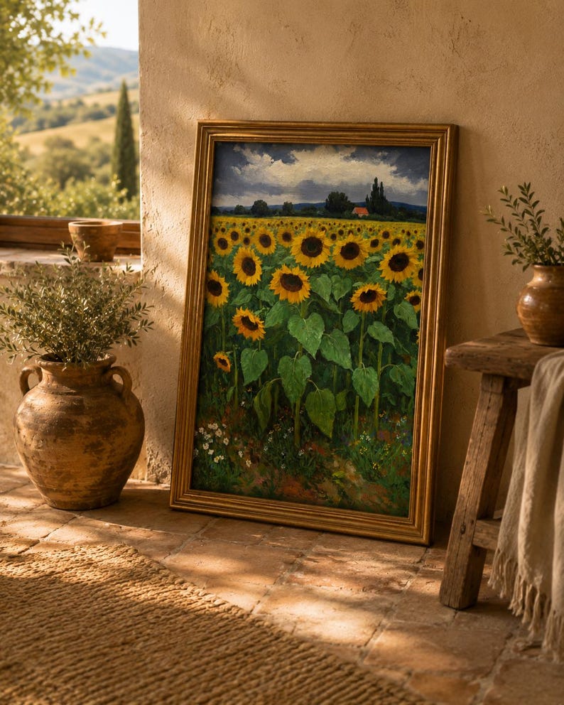 May include: A framed painting of a sunflower field with a gold-colored frame. The sunflowers are yellow with green leaves, set against a backdrop of a cloudy sky and a distant red-roofed building. The painting is leaning against a wall.