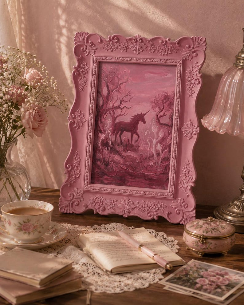 May include: A pink framed painting of a unicorn in a forest scene. The frame has ornate detailing. The painting is on a wooden table with a teacup, books, a small trinket box, and a pen.