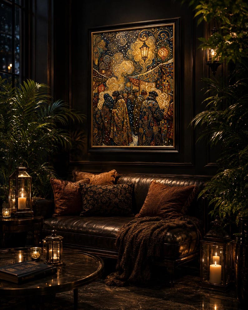 Op de afbeelding: Een donker interieur met een ingelijst schilderij boven een leren bank, versierd met kussens en een bruine deken. Lantaarns met kaarsen en potplanten cre&euml;ren een gezellige sfeer. Het schilderij toont figuren in gedetailleerde kleding onder een sterrenhemel.