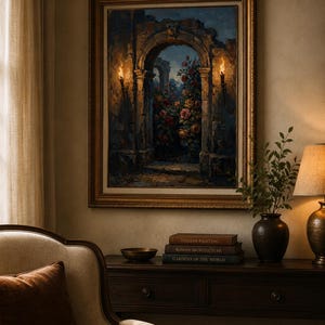 May include: A framed painting shows an archway with torches, leading to a rose garden. The painting is in a gold frame, displayed above a dark wood console table. Books and a bronze bowl are on the table.