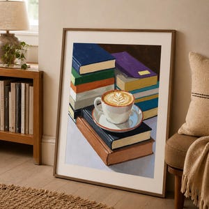 Coffee and Books Wall Art | Cozy Reading Nook Print | Book Lover Oil Painting image 4