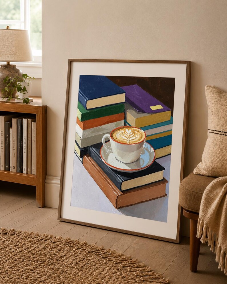 Coffee and Books Wall Art | Cozy Reading Nook Print | Book Lover Oil Painting image 4