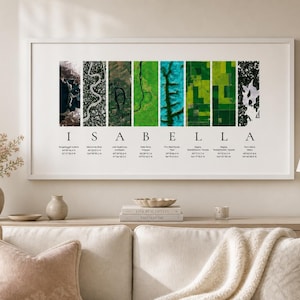 Puede incluir: Un cuadro enmarcado en blanco con el nombre "ISABELLA" y im&aacute;genes de sat&eacute;lite de varios lugares. La impresi&oacute;n incluye los nombres de los lugares y sus coordenadas. Se encuentra sobre un sof&aacute; con cojines y una manta. Es un elemento decorativo.