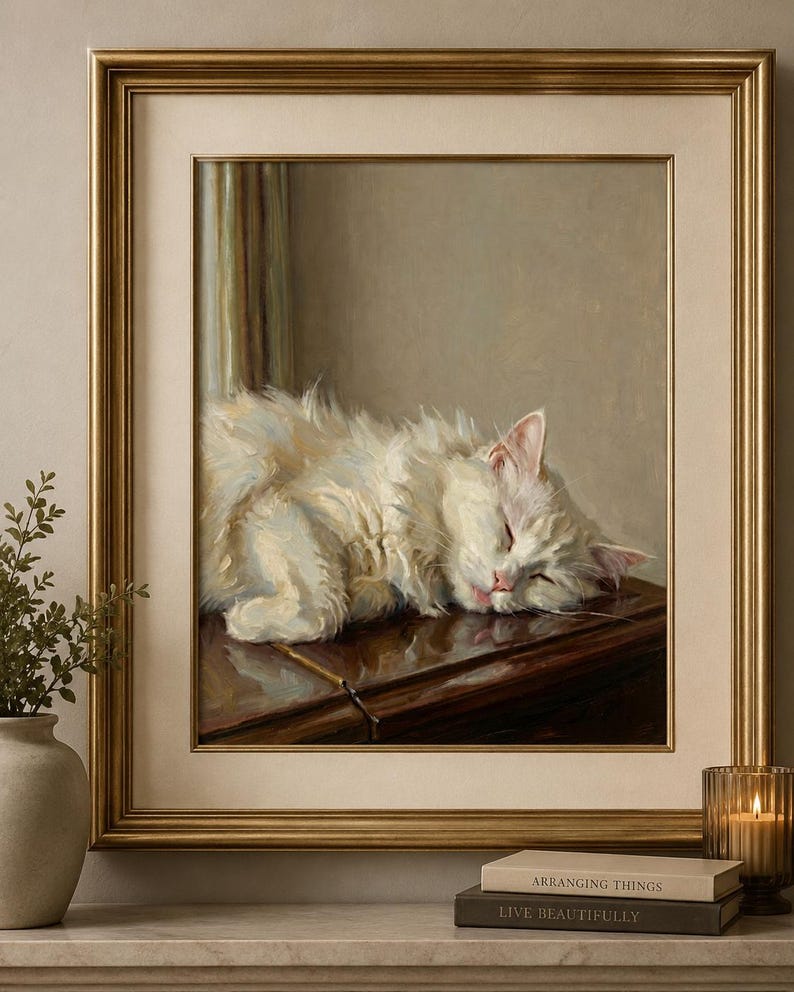 May include: A framed painting depicting a sleeping white cat with pink nose and ears, resting on a dark wooden surface. The artwork is in a gold frame. The scene includes a vase with greenery, books, and a lit candle in a glass holder.
