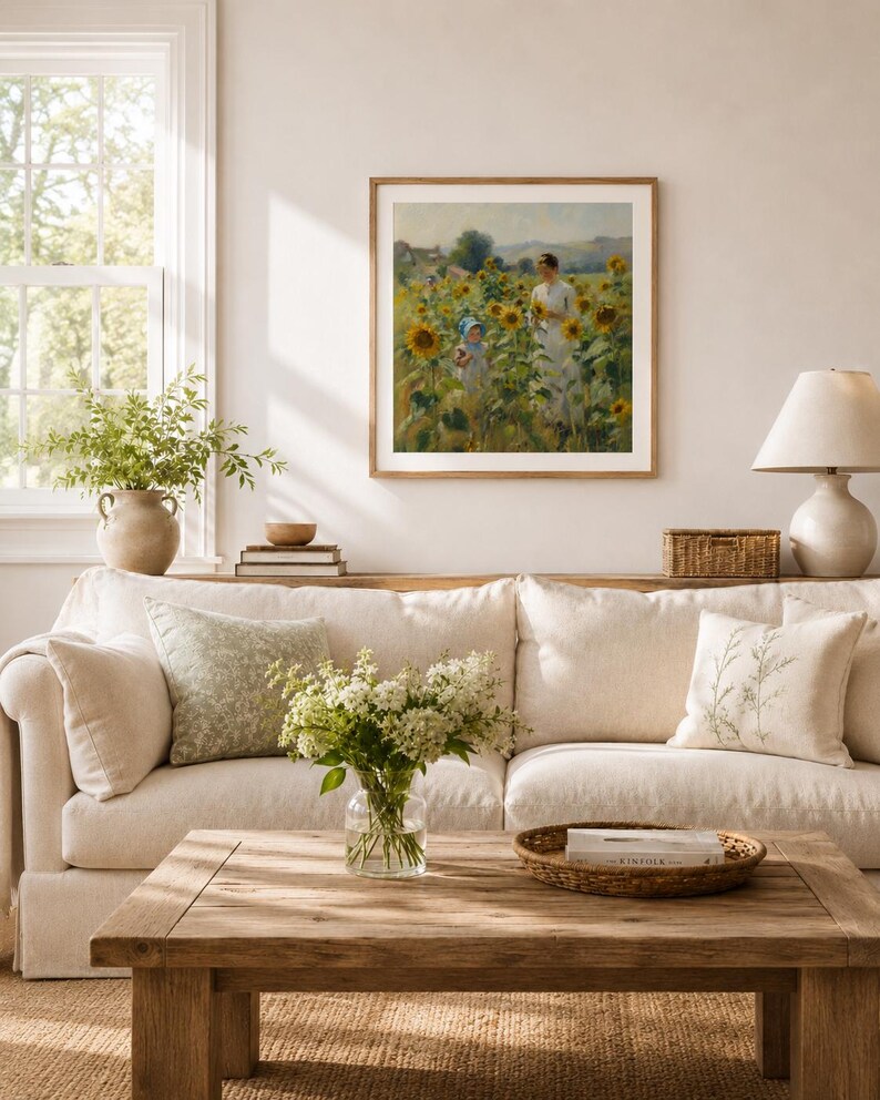 Puede incluir: Un sal&oacute;n con un sof&aacute; de color claro, cojines y una mesa de centro de madera. Un cuadro enmarcado que representa girasoles cuelga de la pared. Tambi&eacute;n se ven un jarr&oacute;n con flores blancas y una l&aacute;mpara.