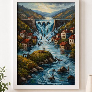 May include: Oil painting in a white frame depicts a flooded town with a dam and waterfall. The artwork features houses with red roofs, a deer statue, and a turbulent river. The color palette includes blues, greens, and browns.