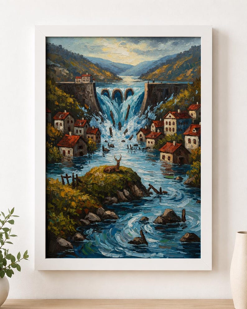 May include: Oil painting in a white frame depicts a flooded town with a dam and waterfall. The artwork features houses with red roofs, a deer statue, and a turbulent river. The color palette includes blues, greens, and browns.