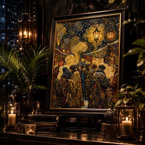 Op de afbeelding: Een ingelijst schilderij met een menigte in sierlijke gewaden, tegen een nachtelijke hemel met lantaarns en wervelende patronen. Het kunstwerk wordt tentoongesteld op een donker oppervlak met kaarsen en groen.