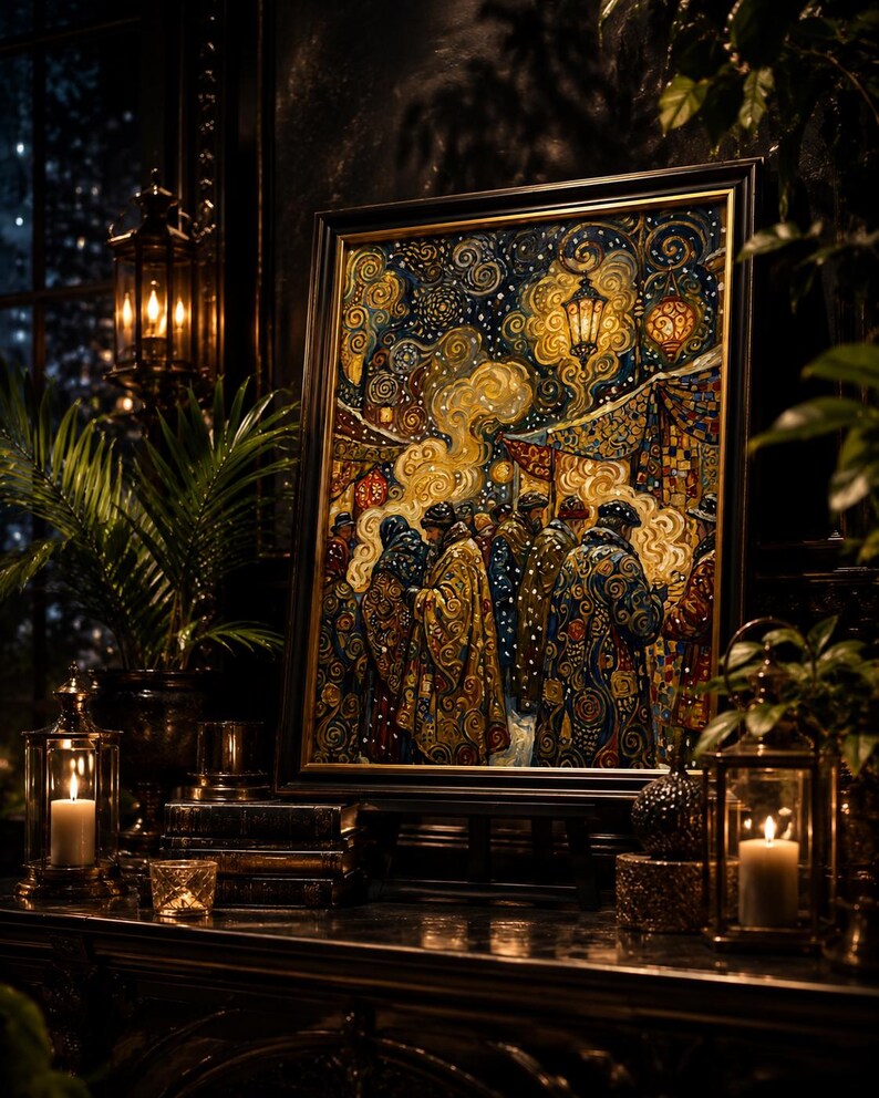 Op de afbeelding: Een ingelijst schilderij met een menigte in sierlijke gewaden, tegen een nachtelijke hemel met lantaarns en wervelende patronen. Het kunstwerk wordt tentoongesteld op een donker oppervlak met kaarsen en groen.