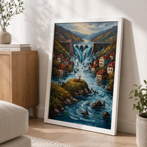 May include: Framed art print depicting a village scene with a waterfall cascading from a dam. The artwork features small houses with red roofs nestled along a river, surrounded by green hills and a blue sky. The print is in a white frame.