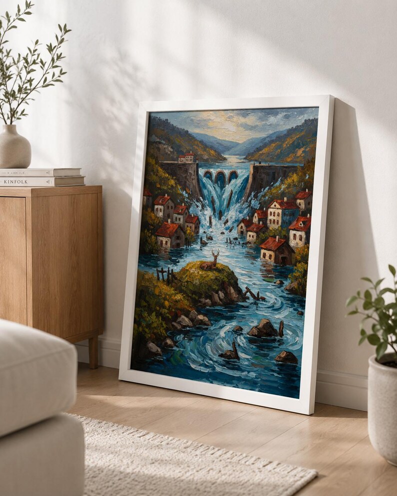 May include: Framed art print depicting a village scene with a waterfall cascading from a dam. The artwork features small houses with red roofs nestled along a river, surrounded by green hills and a blue sky. The print is in a white frame.