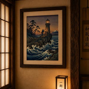 May include: Framed print of a lighthouse on a rocky coast, with a person and a mountain in the background. The artwork features a dark wooden frame and is displayed in a room with a paper lantern.
