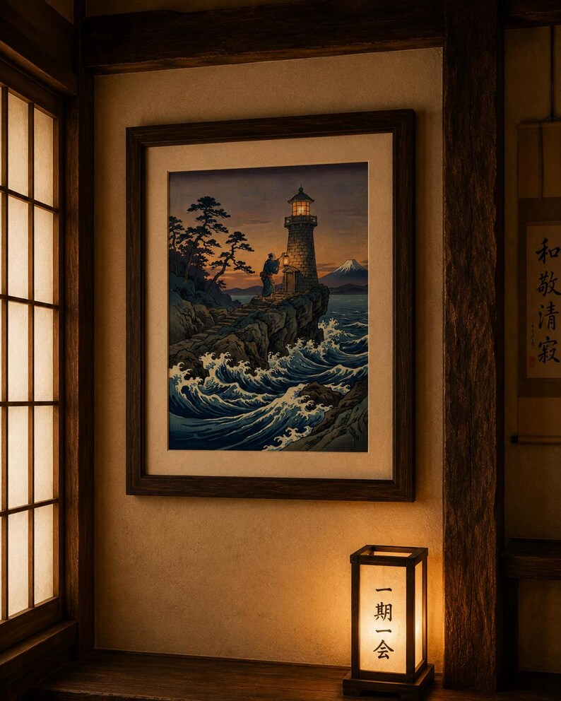 May include: Framed print of a lighthouse on a rocky coast, with a person and a mountain in the background. The artwork features a dark wooden frame and is displayed in a room with a paper lantern.