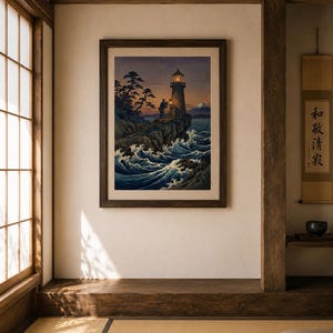 May include: A framed print depicting a lighthouse on a rocky cliff overlooking a turbulent sea. The artwork features a dark color palette with shades of blue, gray, and brown. The lighthouse is lit, and the scene includes a mountain in the distance.