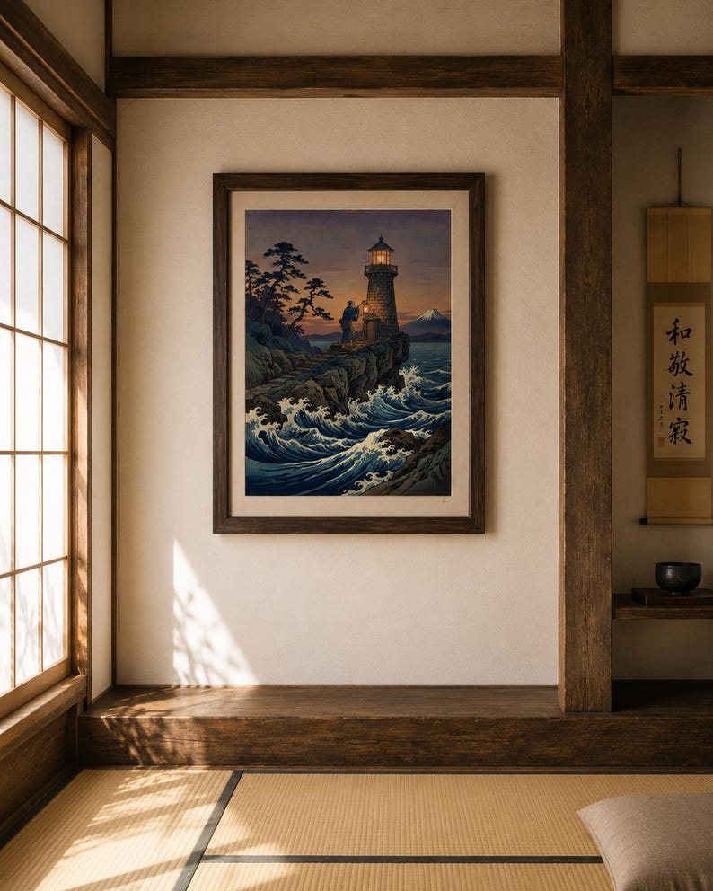 May include: A framed print depicting a lighthouse on a rocky cliff overlooking a turbulent sea. The artwork features a dark color palette with shades of blue, gray, and brown. The lighthouse is lit, and the scene includes a mountain in the distance.