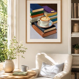 Coffee and Books Wall Art | Cozy Reading Nook Print | Book Lover Oil Painting image 6