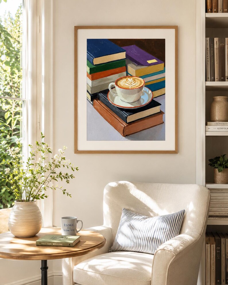 Coffee and Books Wall Art | Cozy Reading Nook Print | Book Lover Oil Painting image 6