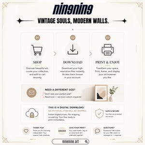 May include: An infographic with the text "nin9ning VINTAGE SOULS, MODERN WALLS." The graphic shows the steps to purchase digital art: shop, download, and print & enjoy. It also includes information about custom sizes and digital downloads.