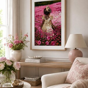 Little Girl Nursery Art | Pink Flower Field Print | Cottagecore Oil Painting image 4