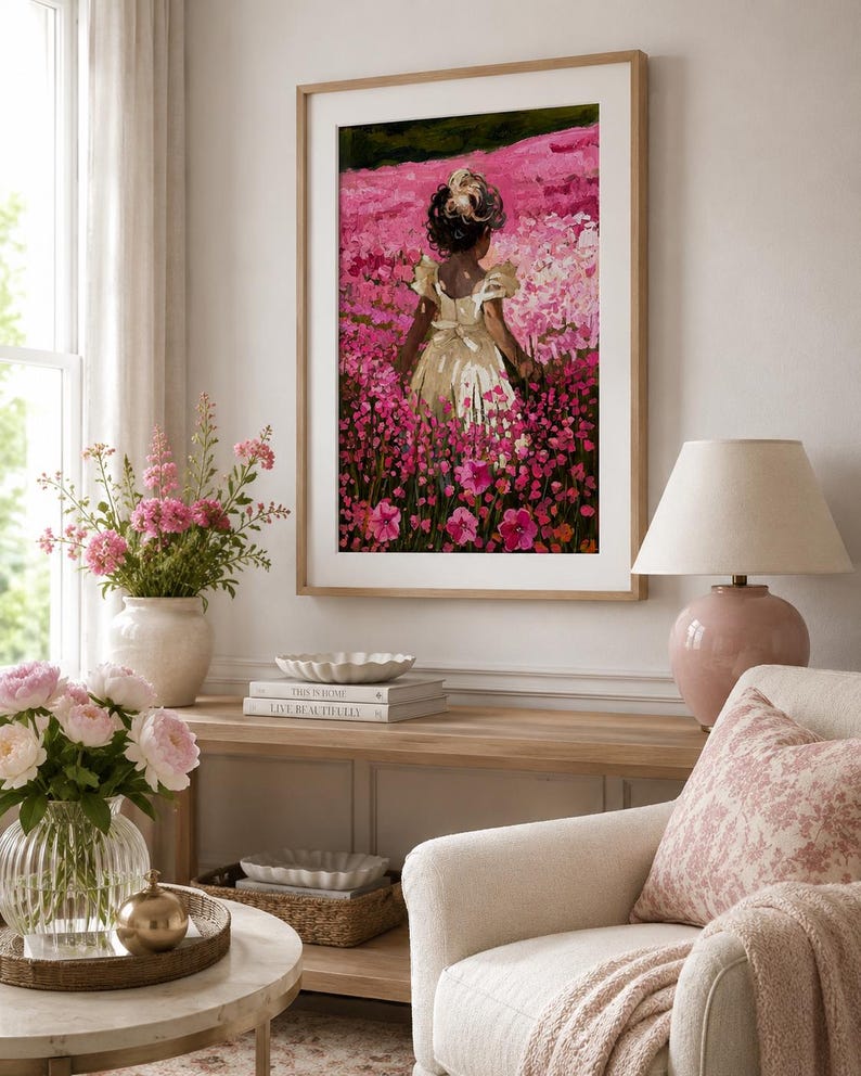 Little Girl Nursery Art | Pink Flower Field Print | Cottagecore Oil Painting image 4