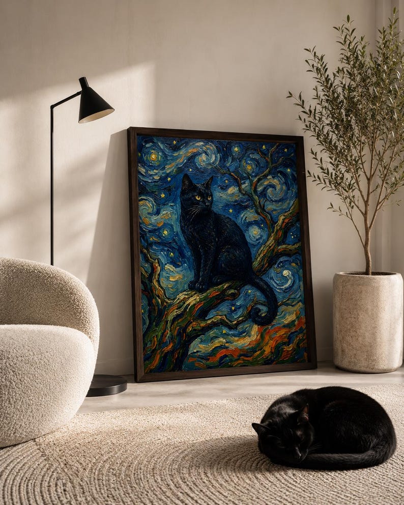 K&ouml;nnte beinhalten: Ein gerahmter Kunstdruck zeigt eine schwarze Katze auf einem Ast vor einem wirbelnden, sternen&uuml;bers&auml;ten Nachthimmel. Das Kunstwerk ist im Stil von Van Gogh gehalten, mit kr&auml;ftigen Pinselstrichen und leuchtenden Farben. Eine schwarze Katze liegt zusammengerollt auf dem Boden vor dem Kunstwerk.