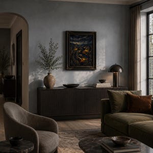 May include: An interior living room scene with a dark wood cabinet, a green sofa, and a framed painting. A lamp sits on the cabinet, and a vase with branches is on the left. A patterned rug and a marble coffee table complete the scene.