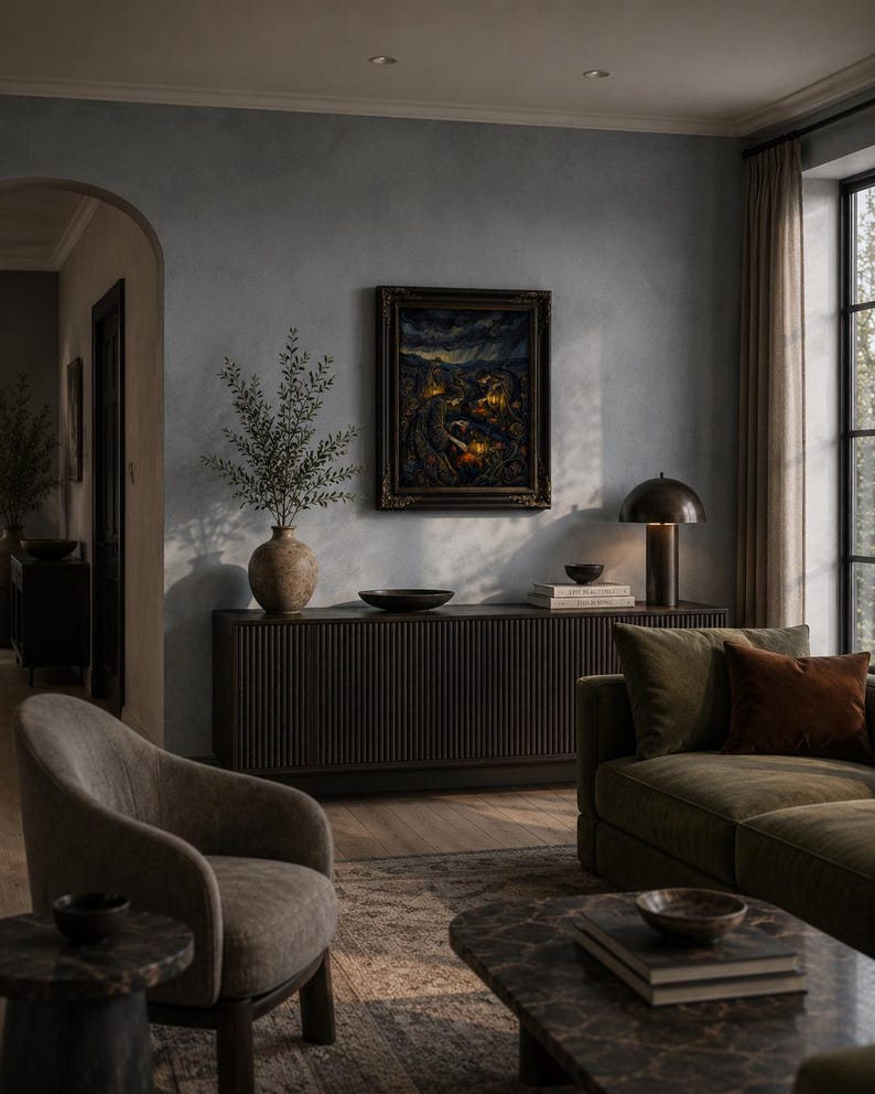 May include: An interior living room scene with a dark wood cabinet, a green sofa, and a framed painting. A lamp sits on the cabinet, and a vase with branches is on the left. A patterned rug and a marble coffee table complete the scene.