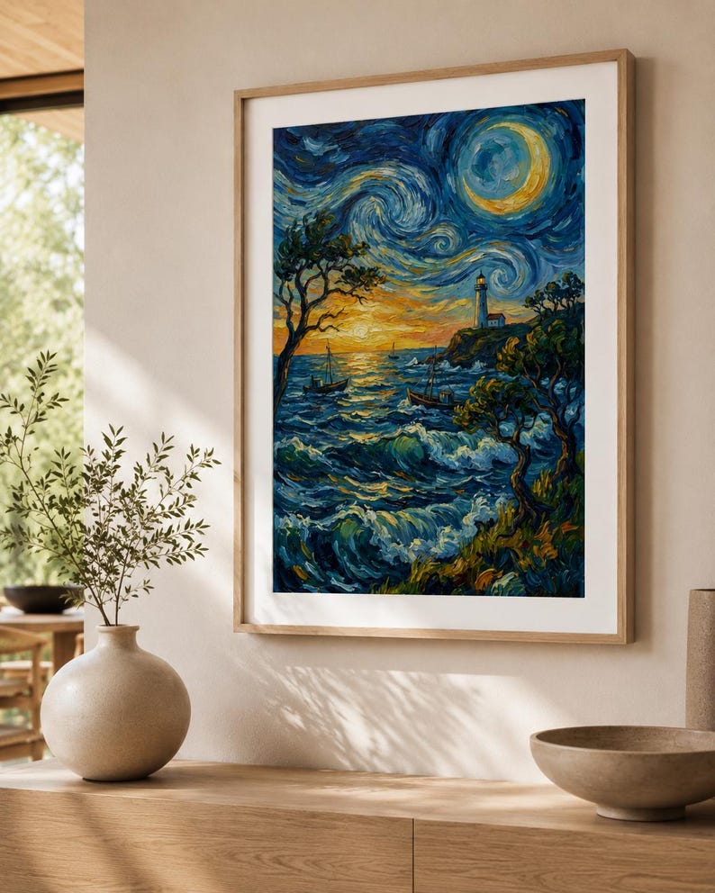 Op de afbeelding: Een ingelijste kunstdruk die een kustlandschap met een vuurtoren onder een wervelende nachthemel afbeeldt. Het kunstwerk gebruikt een levendig kleurenpalet van blauw, geel en oranje, met zichtbare penseelstreken. De sc&egrave;ne omvat boten en bomen.