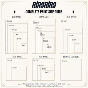 May include: A complete print size guide with the word "ningning" at the top. The guide displays various print sizes in inches and centimetres, including 2:3, 3:4, 4:5, 11:14 ratios, ISO sizes, and a bonus square size. The text at the bottom states the maximum scale for each ratio.