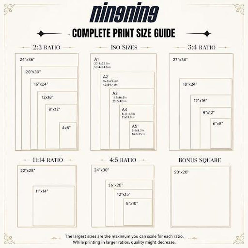 May include: A complete print size guide with the word "ningning" at the top. The guide displays various print sizes in inches and centimetres, including 2:3, 3:4, 4:5, 11:14 ratios, ISO sizes, and a bonus square size. The text at the bottom states the maximum scale for each ratio.