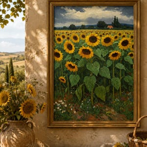 May include: A framed painting of a sunflower field under a cloudy sky. The painting is in a gold frame and is displayed on a stone surface. A vase of sunflowers and a wicker basket are in the foreground.
