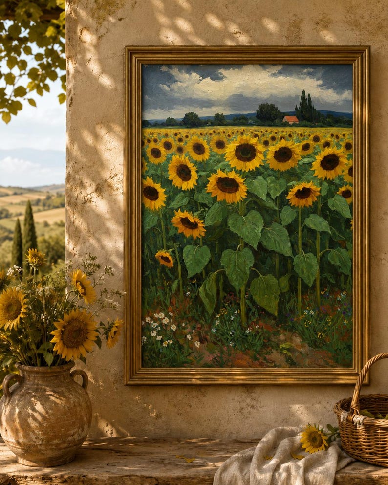 May include: A framed painting of a sunflower field under a cloudy sky. The painting is in a gold frame and is displayed on a stone surface. A vase of sunflowers and a wicker basket are in the foreground.