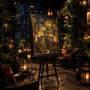 Op de afbeelding: Een ingelijst schilderij op een houten ezel, met een menigte figuren in gedetailleerde, kleurrijke kleding. Het kunstwerk bevindt zich in een zwak verlichte kamer met kaarsen, lantaarns en groen, wat een warme sfeer cre&euml;ert. De lijst van het schilderij is zwart.