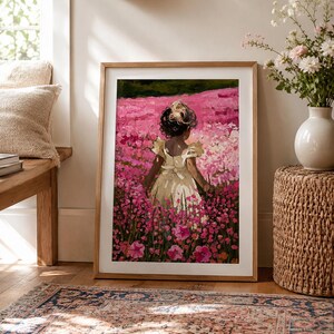 Little Girl Nursery Art | Pink Flower Field Print | Cottagecore Oil Painting image 7