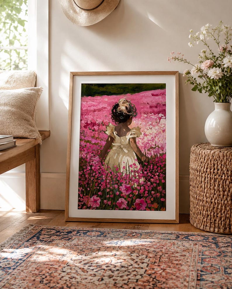 Little Girl Nursery Art | Pink Flower Field Print | Cottagecore Oil Painting image 7