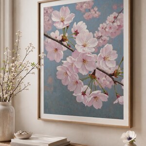 以下が含まれることがあります： 桜の花を描いた額装されたアート作品。淡いピンク色の花が枝に咲き、背景は柔らかな青色。明るい茶色の木製フレームに収められており、インテリアに最適です。