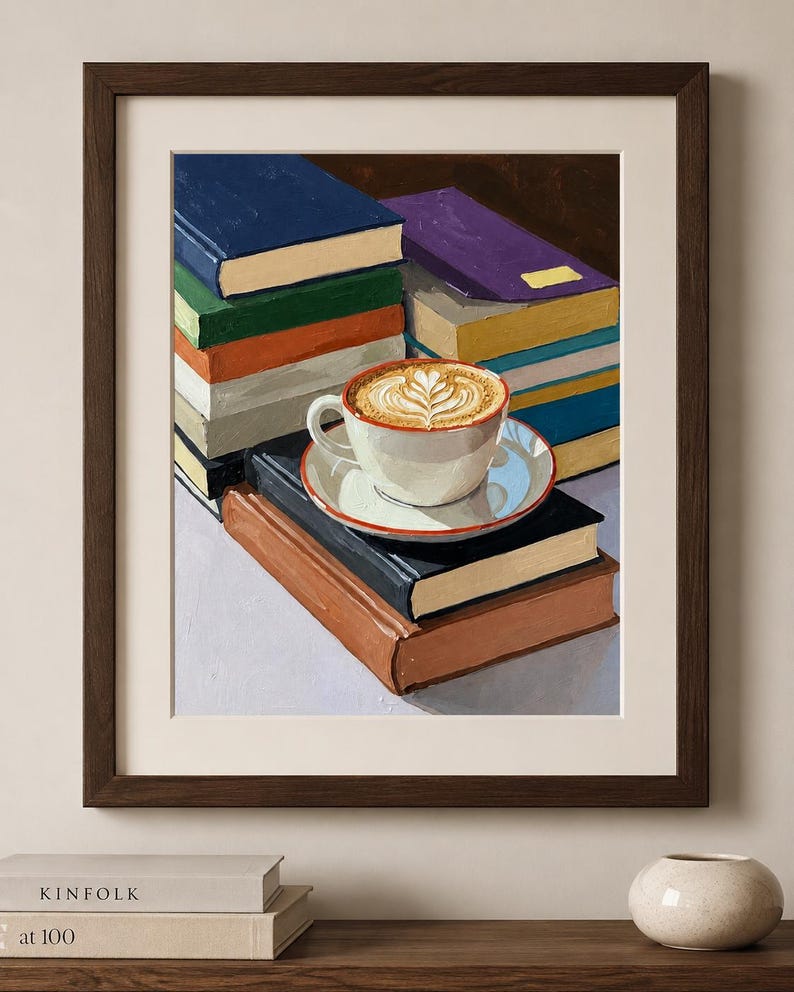 Coffee and Books Wall Art | Cozy Reading Nook Print | Book Lover Oil Painting image 1
