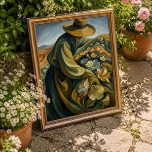 May include: A framed painting depicts a figure in a hat and flowing garments amidst a field of flowers. The artwork features a palette of greens, yellows, and blues, set against a landscape with a golden frame.