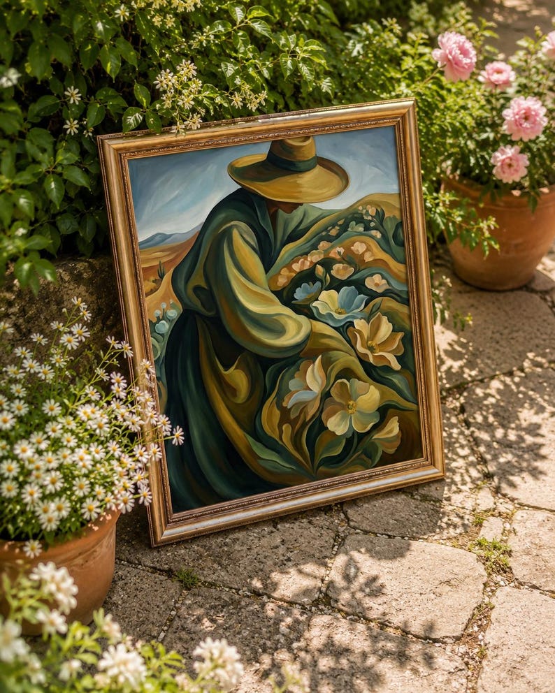 May include: A framed painting depicts a figure in a hat and flowing garments amidst a field of flowers. The artwork features a palette of greens, yellows, and blues, set against a landscape with a golden frame.