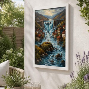 May include: A framed landscape painting depicts a waterfall cascading into a river, with small houses nestled along the banks. The artwork features a white frame and is mounted on a white wall, surrounded by outdoor greenery.