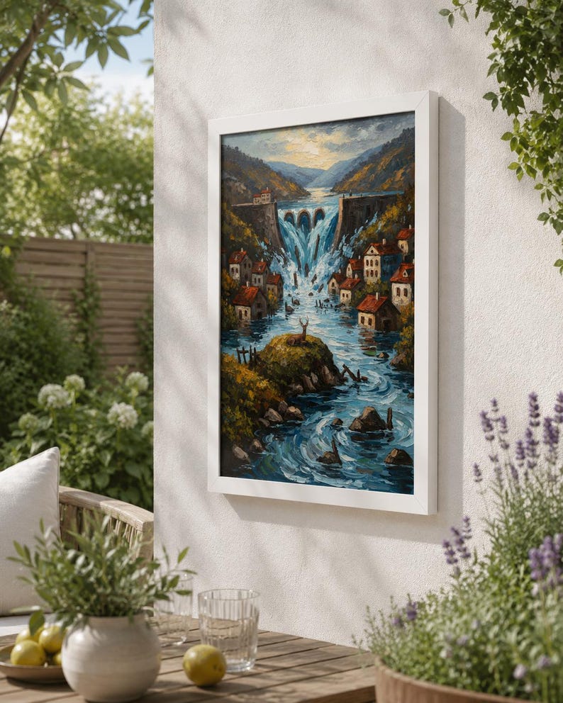 May include: A framed landscape painting depicts a waterfall cascading into a river, with small houses nestled along the banks. The artwork features a white frame and is mounted on a white wall, surrounded by outdoor greenery.