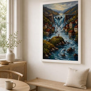 May include: A framed oil painting depicts a village nestled along a river with a large waterfall. The artwork features small houses with red roofs, lush green foliage, and a bridge. The color palette includes blues, greens, browns, and whites.