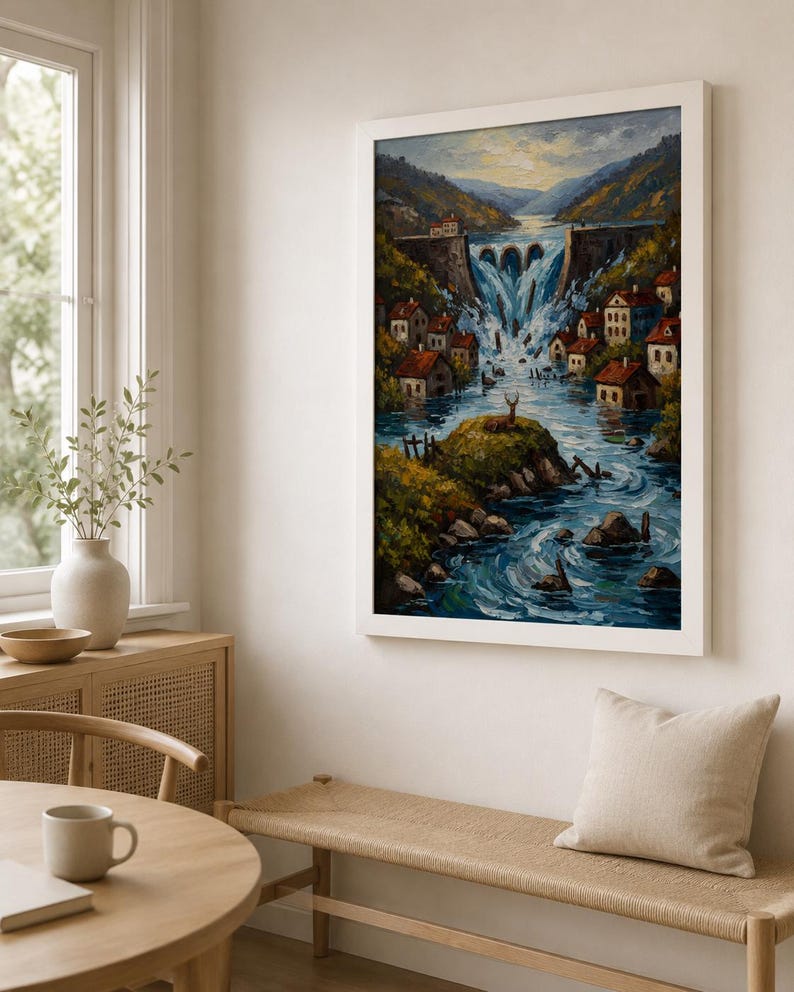 May include: A framed oil painting depicts a village nestled along a river with a large waterfall. The artwork features small houses with red roofs, lush green foliage, and a bridge. The color palette includes blues, greens, browns, and whites.