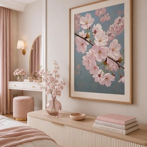 Pink sakura branch oil painting, Japanese cherry blossom wall art, Japandi floral print, pastel spring decor, impressionist botanical poster, soft pink nursery art, zen bedroom decor, cottagecore floral painting, vintage cherry tree print, feminine apartment wall art, romantic pink blossom painting, muted blue background sakura art, Asian nature fine art print