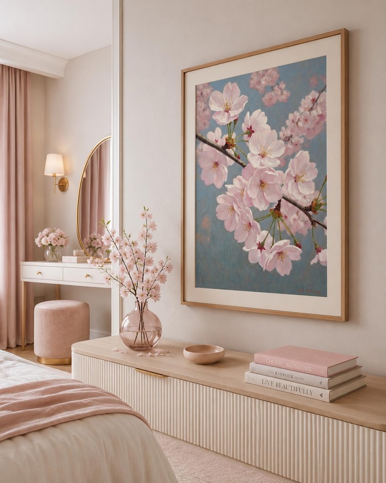 Pink sakura branch oil painting, Japanese cherry blossom wall art, Japandi floral print, pastel spring decor, impressionist botanical poster, soft pink nursery art, zen bedroom decor, cottagecore floral painting, vintage cherry tree print, feminine apartment wall art, romantic pink blossom painting, muted blue background sakura art, Asian nature fine art print