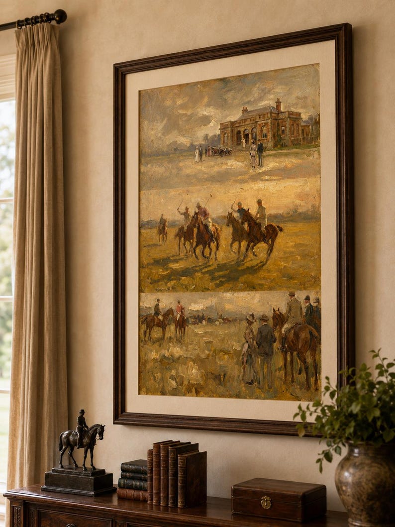 Sztuka meczu polo w stylu vintage | Stary wydruk jeździecki | Obraz olejny w stylu country club zdjęcie 5