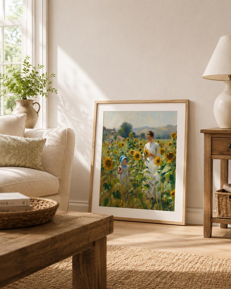 Puede incluir: Una impresi&oacute;n art&iacute;stica enmarcada representa a una mujer y un ni&ntilde;o en un campo de girasoles. La obra de arte tiene un marco de madera clara y se exhibe en un sal&oacute;n luminoso. La habitaci&oacute;n incluye un sof&aacute; beige, una mesa de centro de madera y una mesa auxiliar.