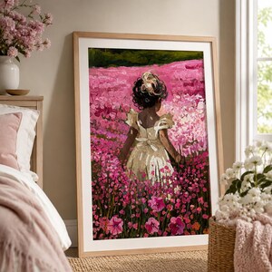 Little Girl Nursery Art | Pink Flower Field Print | Cottagecore Oil Painting image 6
