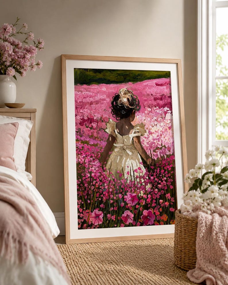 Little Girl Nursery Art | Pink Flower Field Print | Cottagecore Oil Painting image 6